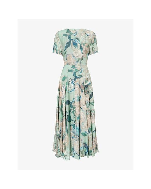 Givenchy Green Rose-Print Round-Neck Woven Midi Dress