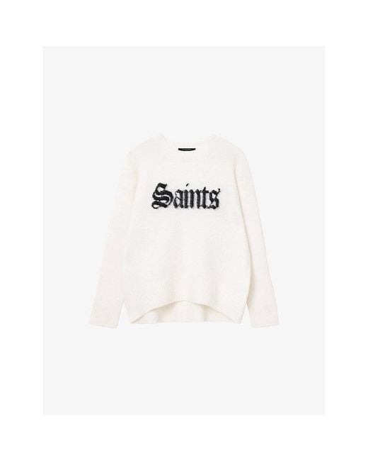 AllSaints White Saints Slogan-Print Long-Sleeve Stretch Wool And Alpaca-Blend Jumper