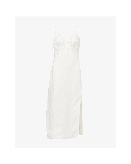 Farm Rio White Embroidered Shell Bust Linen Midi Dress