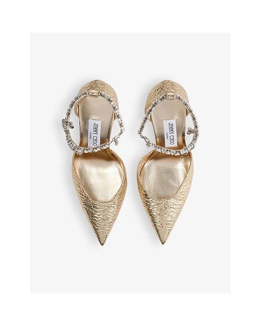 Jimmy Choo White Stevie 100 Crystal-Embellished Metallic-Leather Heeled Courts