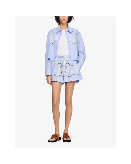 Sandro Blue Embroidered Drawstring-Waist Cotton Shorts