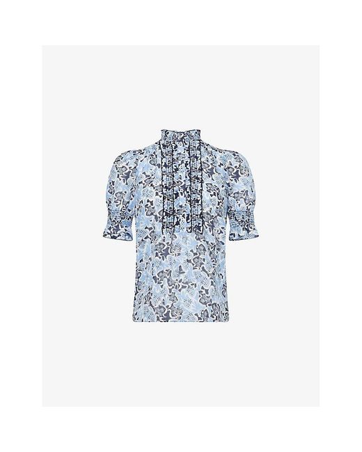 ME+EM Blue Puff-Sleeve Floral Cotton-Silk Voile Top