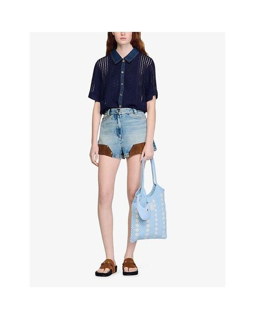 Sandro Blue Short-Sleeved Denim-Trim Crochet Cardigan