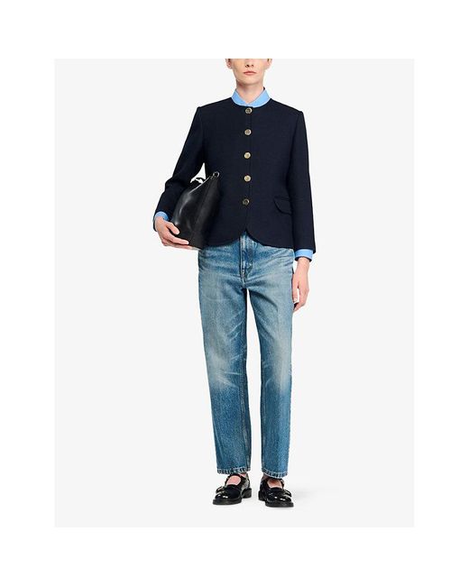 Sandro Blue Round-Neck Side-Pocket Woven Jacket