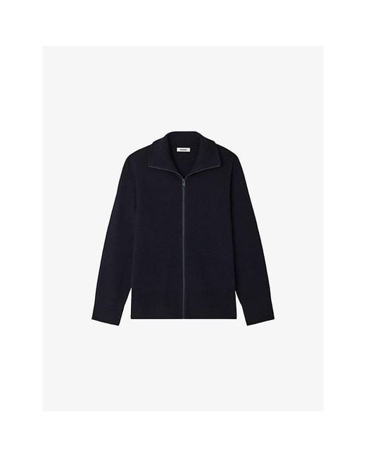 Sandro Blue Zip-Up Trucker Wool Cardigan for men