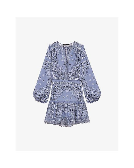 Maje Blue Bandana-Pattern Long-Sleeved Woven Mini Dress