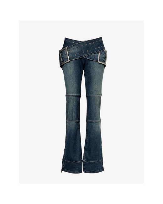 Jaded London Blue Assassin Double-buckle Bootcut-leg Low-rise Stretch-denim Jeans