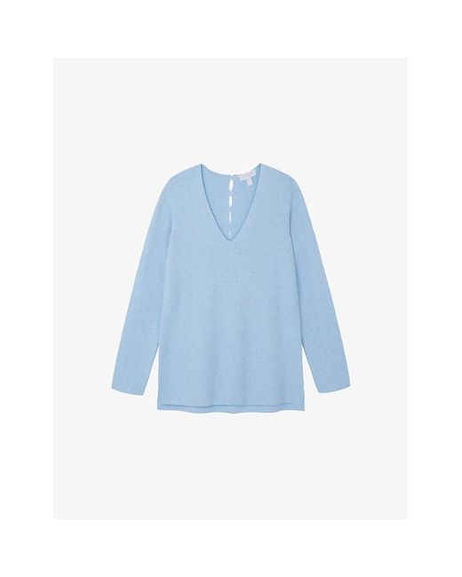 The White Company Blue V-Neck Buttoned Wool-Blend Jumper