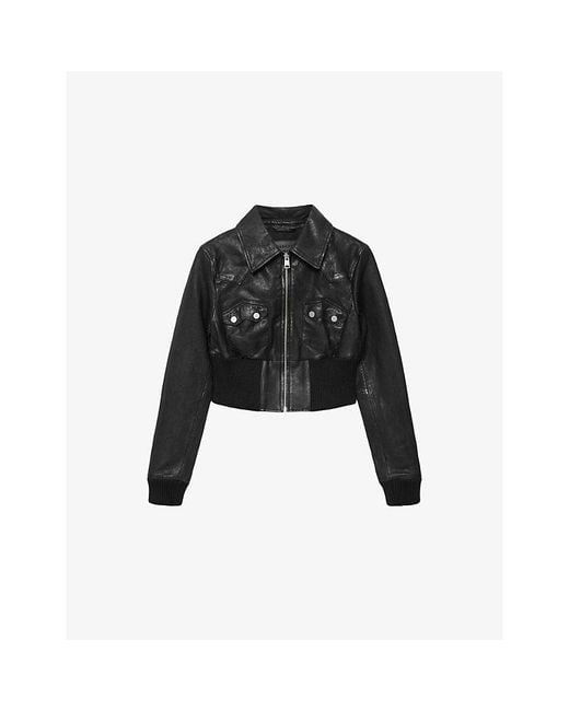 AllSaints Black Lena Cropped Regular-Fit Leather Jacket