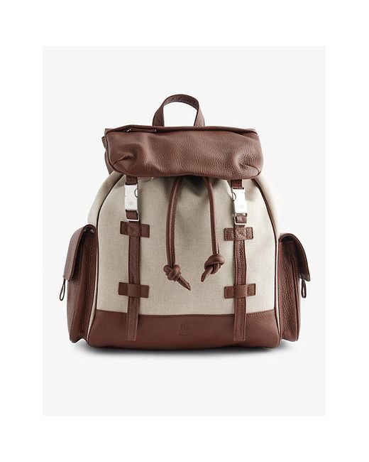 Eleventy Brown Flap-pocket Leather-trimmed Cotton-canvas Backpack for men