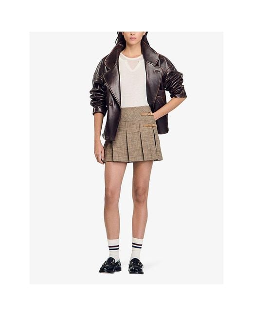 Sandro Natural Check-Patterned Woven Mini Skirt