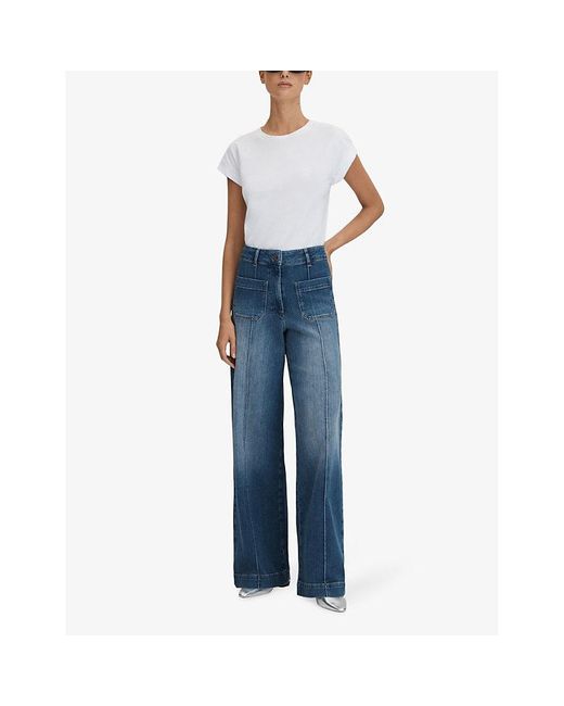 Reiss Blue Kira Contrast-stitch Wide-leg Mid-rise Cotton-blend Jeans