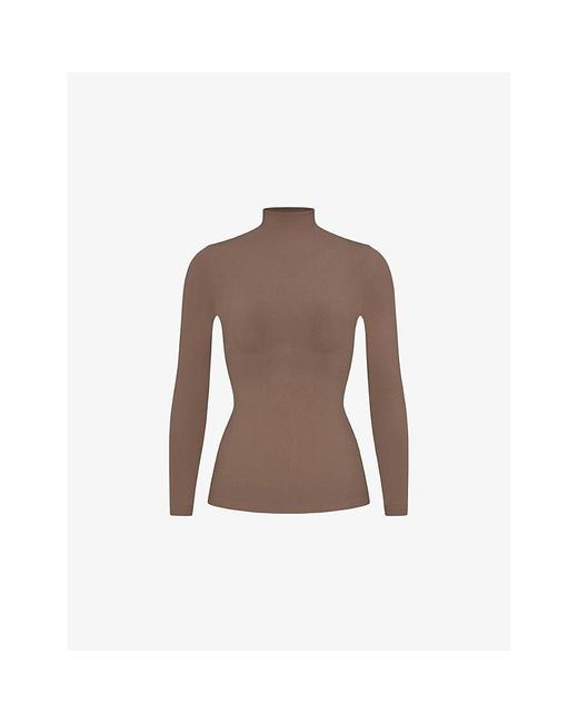 Skims Brown Soft Smoothing Seamless Turtleneck Stretch-Woven Top