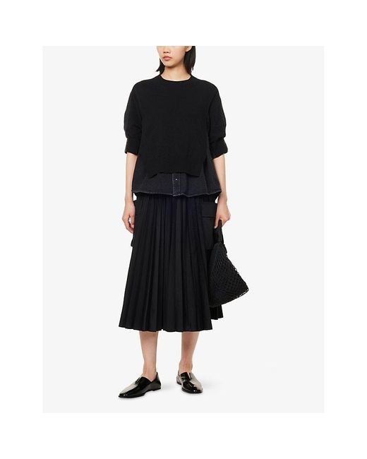 Sacai Black Contrast-Denim Short-Sleeves Cotton-Blend Jumper