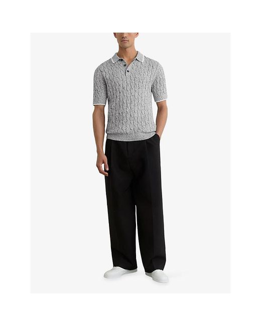 Reiss Gray Denby Cable-Knit Cotton Polo Shirt for men
