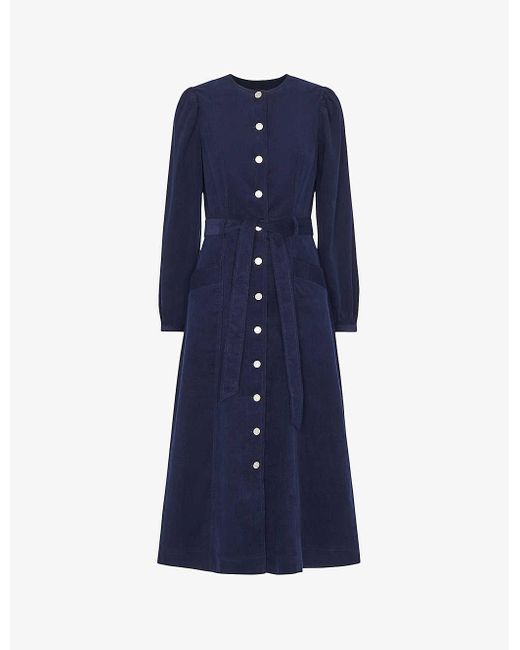 Whistles Blue Angelica Belted Cotton Corduroy Midi Dress