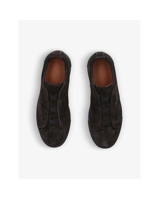 Zegna Brown Triple Stitch Leather And Fabric Low-Top Trainers for men