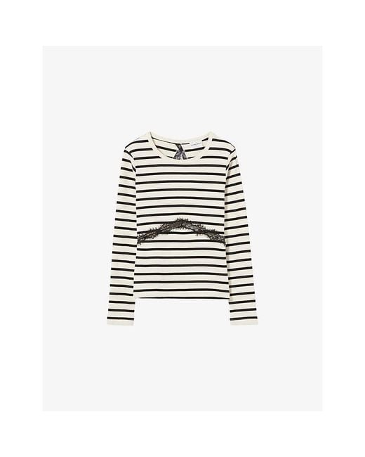 Claudie Pierlot White Striped Lace-Trim Cotton-Jersey T-Shirt