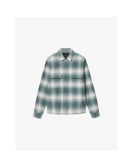 AllSaints Blue Polanco Zip-Up Checked Cotton Shirt for men