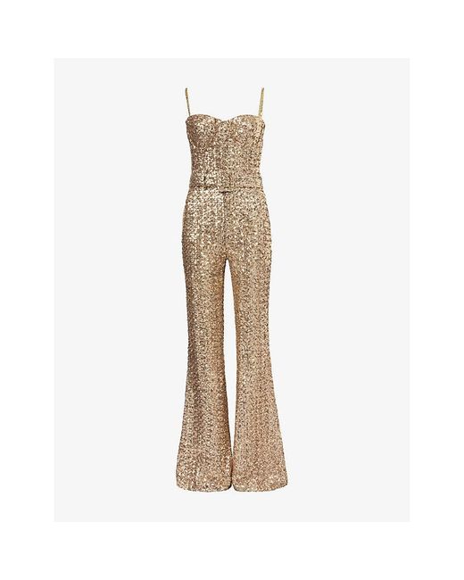 Nadine Merabi Natural Hailey Flared-Leg Sequin Velvet Jumpsuit