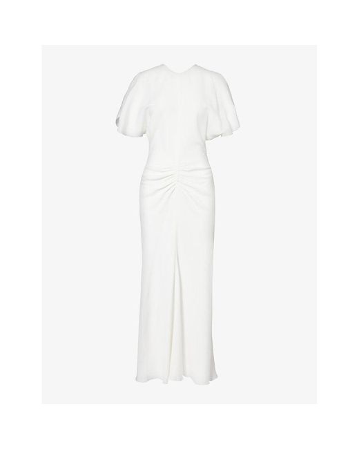 Victoria Beckham White Round-neck Ruched Stretch-crepe Maxi Dress