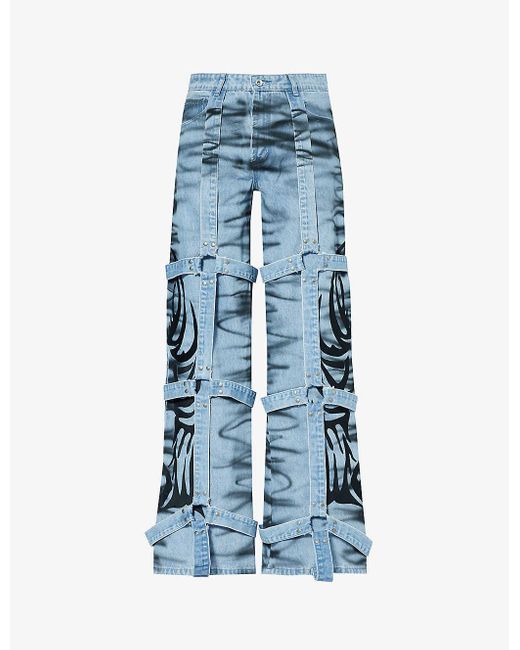 Who Decides War Blue Bondage-overlay Embroidered Wide-leg Jeans for men