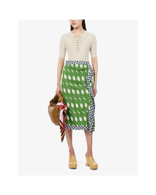 Dries Van Noten Green Abstract-pattern High-rise Silk-blend Midi Skirt
