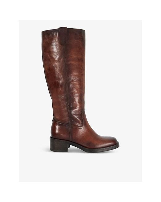 Dune Brown Tayan Square-Toe Leather Knee-High Boots