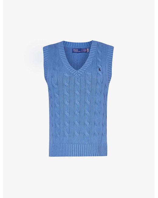 Polo Ralph Lauren Blue V-neck Logo-embroidered Cotton Knitted Vest X