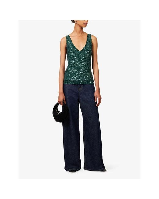 Weekend by Maxmara Green Sequinned V-Neck Knitted Tank Top