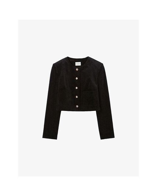 Claudie Pierlot Black Boxy Round-Neck Stretch-Velvet Jacket