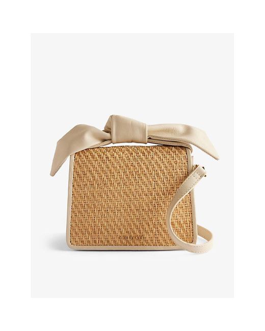 Ted Baker Natural Niyahna Bow-embellished Leather And Faux-raffia Cross-body Bag