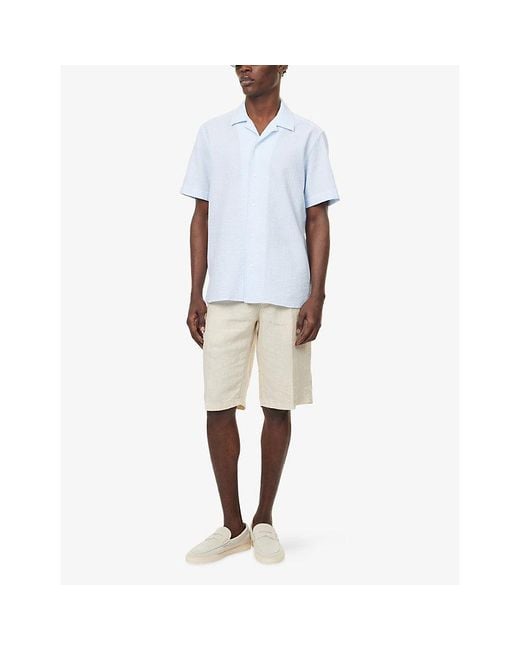 Corneliani Blue Seersuk Camp Short Sleeve Cotton Shirt for men