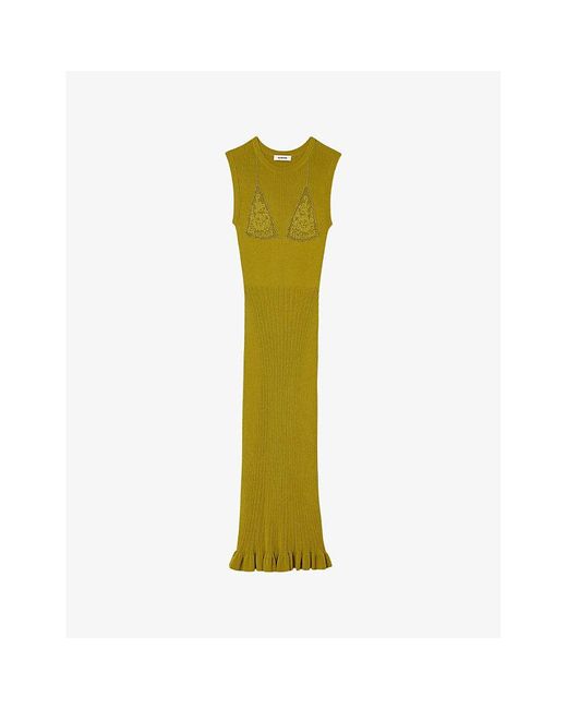 Sandro Green Triangle Panel Pearl-embellished Knitted Maxi Dress