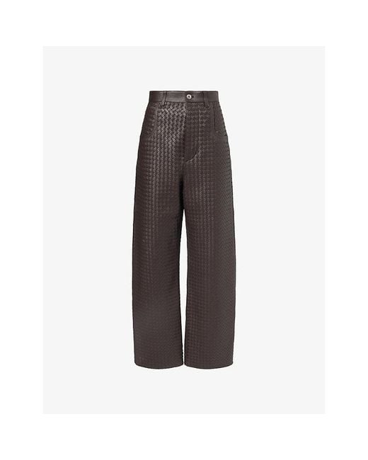Bottega Veneta Brown Intrecciato Straight-Leg Leather Trousers