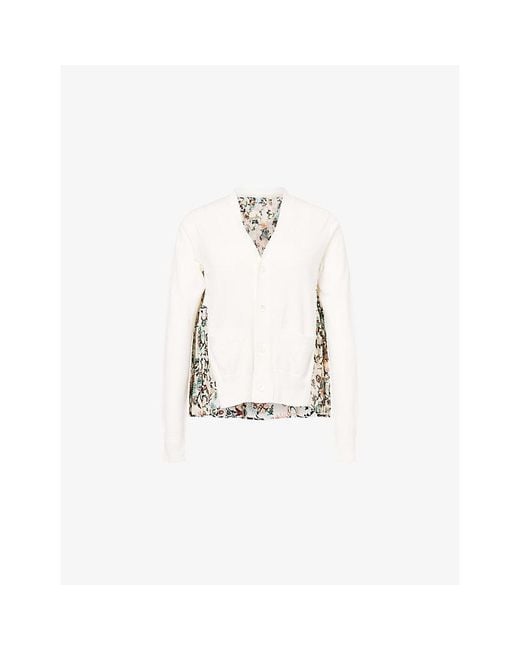 Sacai White Floral-Panel Knitted Cardigan