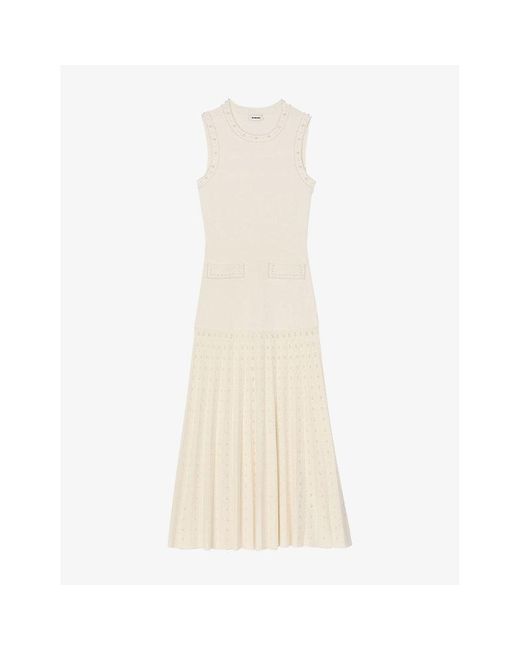Sandro White Embellished Knitted Midi Dress