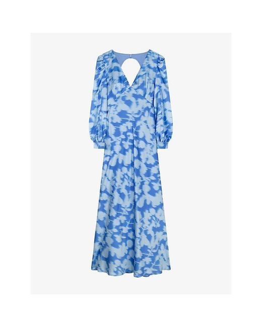 OMNES Blue Francoise V-Neck Floral-Print Satin Maxi Dress