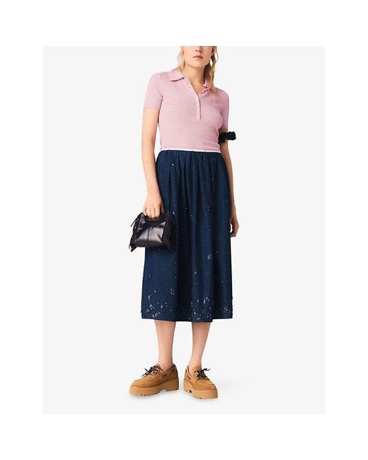 Maje Blue Flared Sequin-Embroidered Denim Midi Skirt