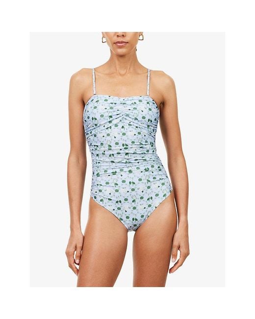 VERANDAH Blue Floral-Print Side-Ruched Maillot Swimsuit