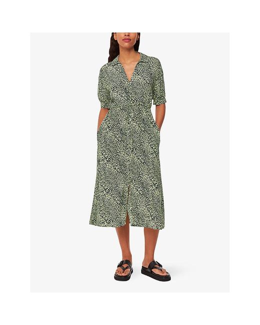 Whistles Green Leopard-print Belted Woven Midi Dress
