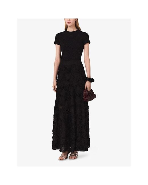 Maje Black Brand-Embroidered Ribbed Cotton-Jersey T-Shirt