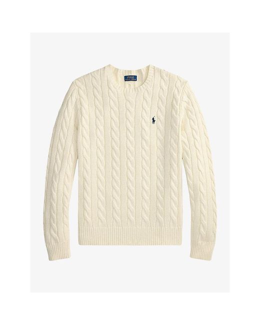 Polo Ralph Lauren White Brand-Embroidered Cable-Knitted Cotton Jumper for men