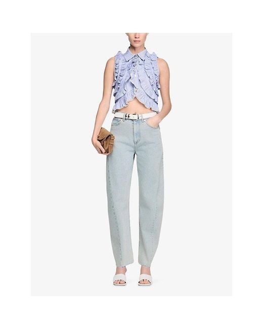 Sandro Blue Ruffled Striped Cotton Shirt
