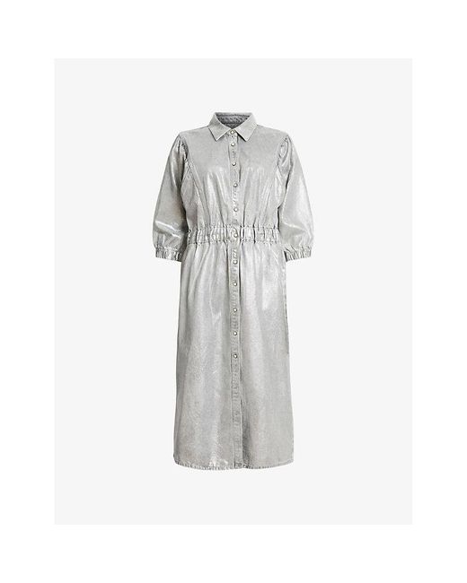 AllSaints Gray Osa Elasticated-waist Metallic Denim Midi Dress