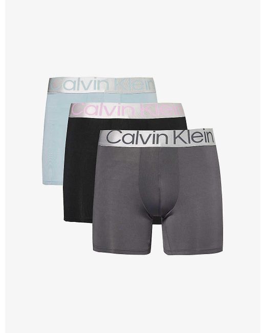 Calvin Klein Gray Logo-waistband Pack Of Three Stretch-woven Boxer Briefs for men
