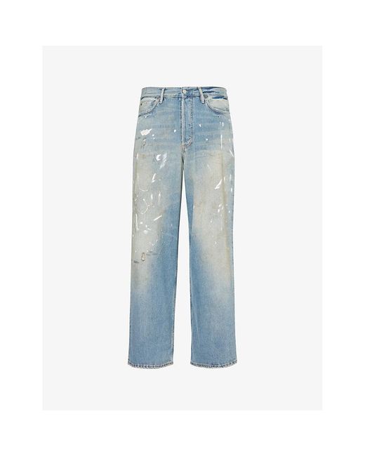 Acne Blue Paint-splattered Faded-wash Wide-leg Jeans for men