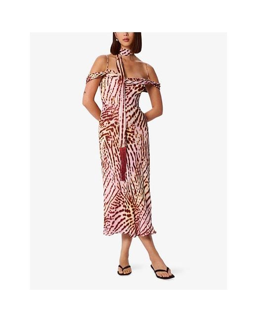 Whistles Red Scarf Orchid-Print Woven Midi Dress