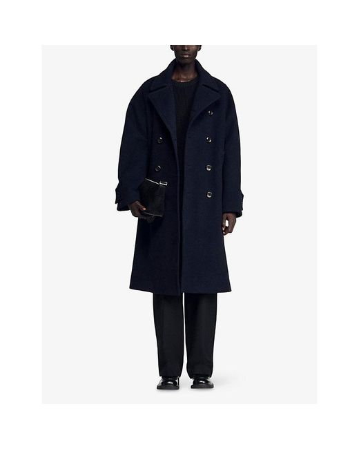 Sandro Blue Lapel-Collar Double-Breasted Wool Coat for men