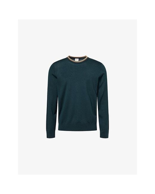 Paul Smith Blue Stripe-Trim Round-Neck Merino-Wool Jumper for men